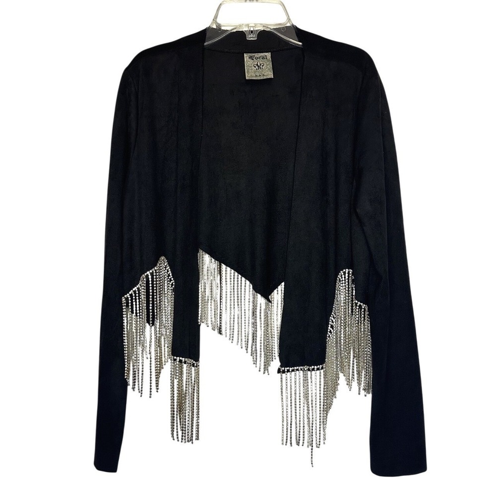 Vocal Black Fringe Rhinestone Faux Suede Jacket Women Small Boho‎ Western Glam